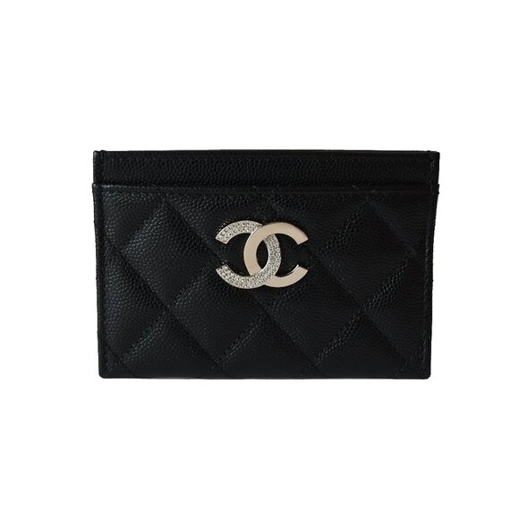 Chanel Metal Crystal Strass CC Logo Quilted Leather Card Holder Black - Picture 1 of 2